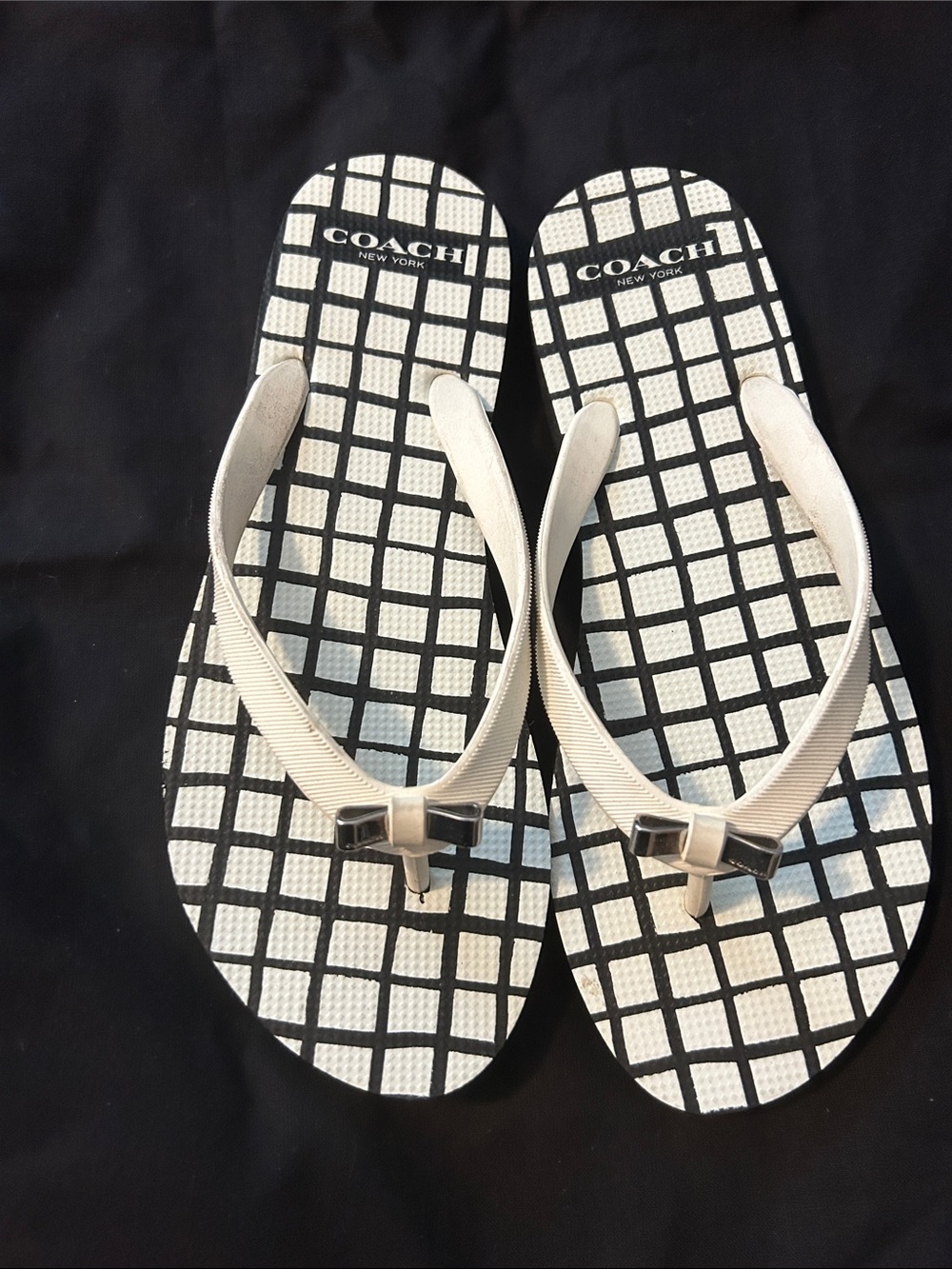 Coach Cream Strappy Flip Flops with Black & White Grid Footbed
